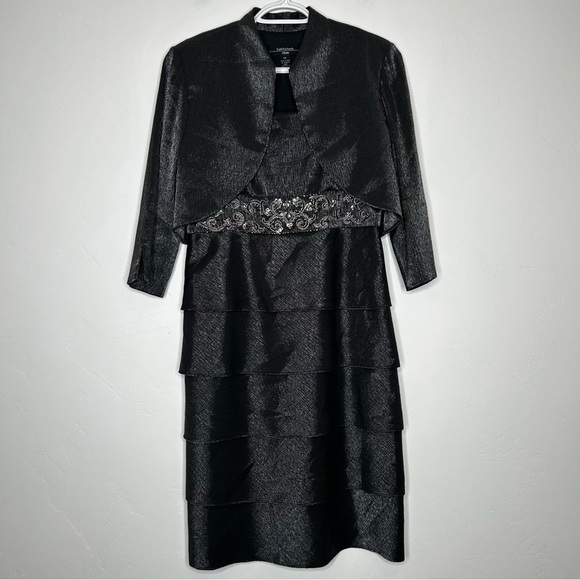 R&M Richards Dresses & Skirts - R&M Richards Shimmer Charcoal Midi Dress with Jacket Beaded Waist Size 6P Formal